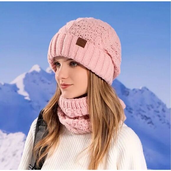Cozy Winter 2pc Pink Beanie Hat + Cable Knit Neck Warmer Skiing Hiking Camping - Picture 1 of 3